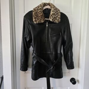 Vintage Tannery West Removable Leopard Print Collar Small Leather Jacket